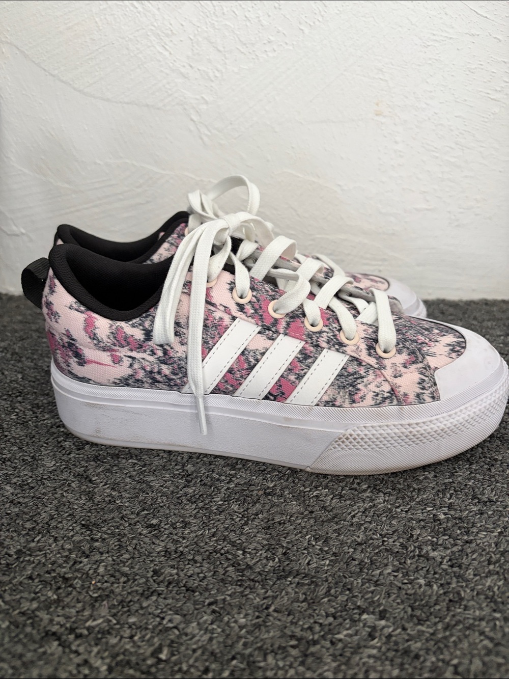 adidas Women's Pink Marble Platform Sneakers with White Stripes
